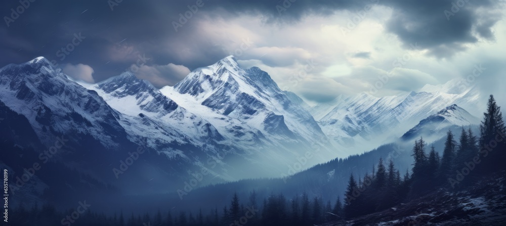 Snow mountains forest nature background. Generative AI technology.