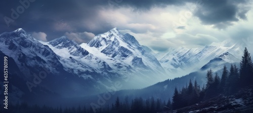 Snow mountains forest nature background. Generative AI technology.