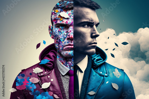 Portrait d'un homme à double visage,- Concept de double activité, double personnalité - Concept du présent et du futur - Générative iA photo