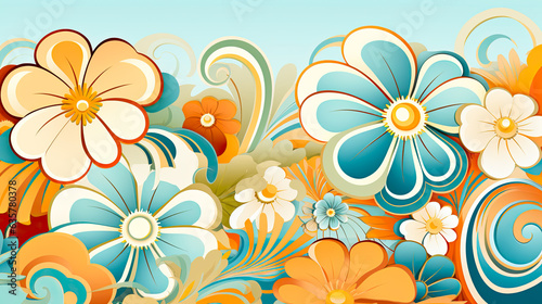 Colorful 70s Retro Style poster art with flowers, and psychedelic wavy shapes, colors in orange, pale blue, yellow and greens. Background texture or wall art.