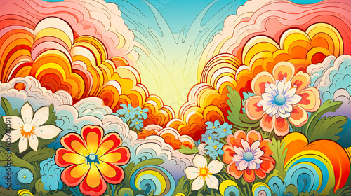 Colorful 70s Retro Style poster art with flowers, and psychedelic wavy shapes, colors in orange, pale blue, yellow and greens. Background texture or wall art.