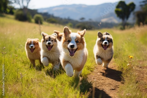 Group of happy puppy running in nature. Generative AI.