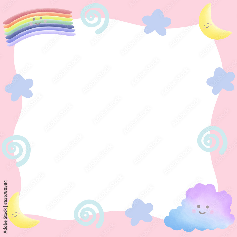 Pastel picture frame with clouds rainbow moon and stars decorated with line doodle isolated on transparent background Pastel picture frame with clouds rainbow moon and stars decorated with line doodle isolated on transparent background