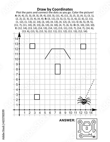 Secret door lock and keys. Coordinate graphing, or draw by coordinates, hidden picture and coloring page. Answer included.
