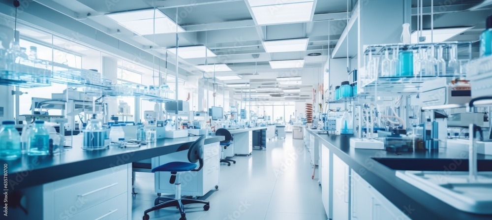 Fototapeta premium Technology chemistry science laboratory, research center interior. Generative AI technology.