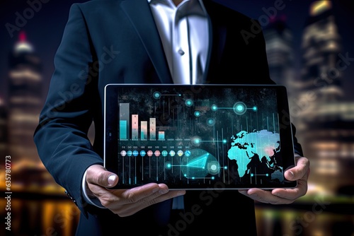 Businessman holding a tablet photo realistic illustration - Generative AI.