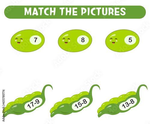 Educational game for kids, math activity worksheet. Match peas with correct answers.