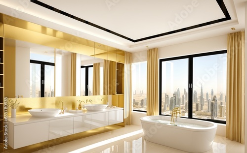 Modern millionaire billionaire mansion hotel bath room with Dubai city view. 3D Rendering  3D Illustration