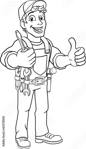 Electrician handyman man handy holding electricians screwdriver tool cartoon construction mascot. Giving a thumbs up.
