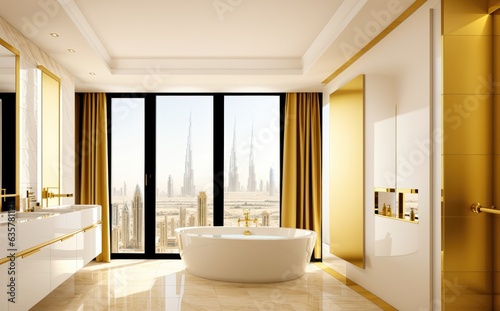 Modern millionaire billionaire mansion/hotel bath room with Dubai city view. 3D Rendering, 3D Illustration