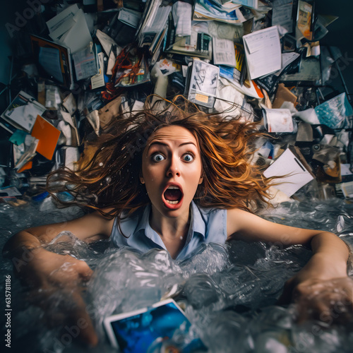 Stressed out girl drowning in work or information. Concept of information overload, stress and over working. 