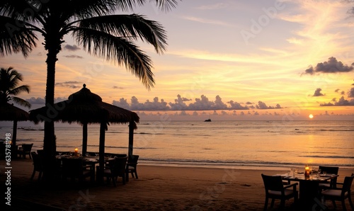 Bar Restaurant on the tropical beach at sunset