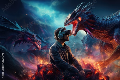 Man wearing virtual reality headset and surreal dragon. VR goggles. Generative AI photo