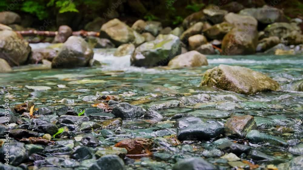 Close Up On The Water Shoreline With Water Running Over Rocks in The Stream In The Background. Close Up On The Water Shoreline With Water Running Over Rocks in The Stream In The Background.