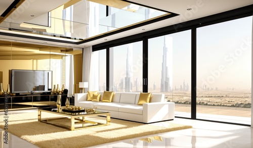 Modern millionaire billionaire mansion living room with Dubai city view. 3D Rendering  3D Illustration