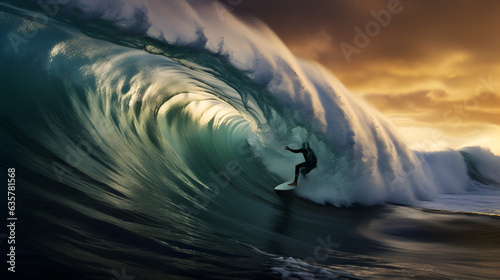 Wide shot of a skilled surfer riding a towering wave in a exihilarating ocean and surfer adventure © JJ1990