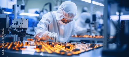 Scientist working for microchip at semiconductor factory laboratory. Generative AI technology.