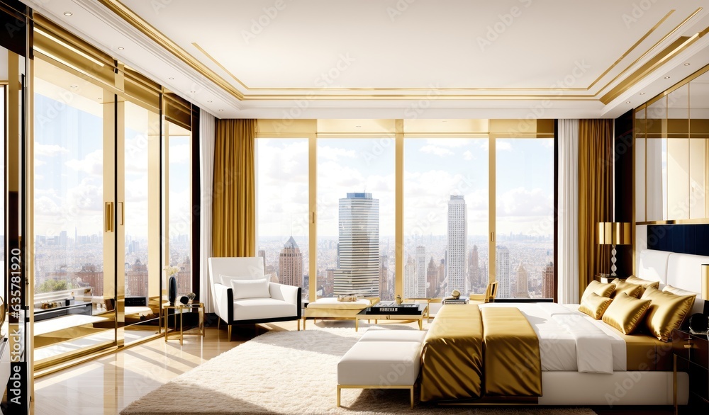 Modern millionaire billionaire mansion bed room with New York/Dubai city view Stock Photo ...