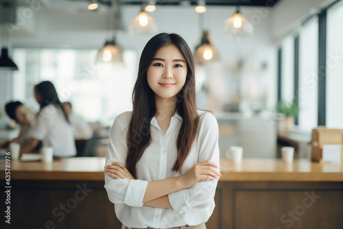 Young beautiful aisan businesswoman standing infront of her working dress in office photo