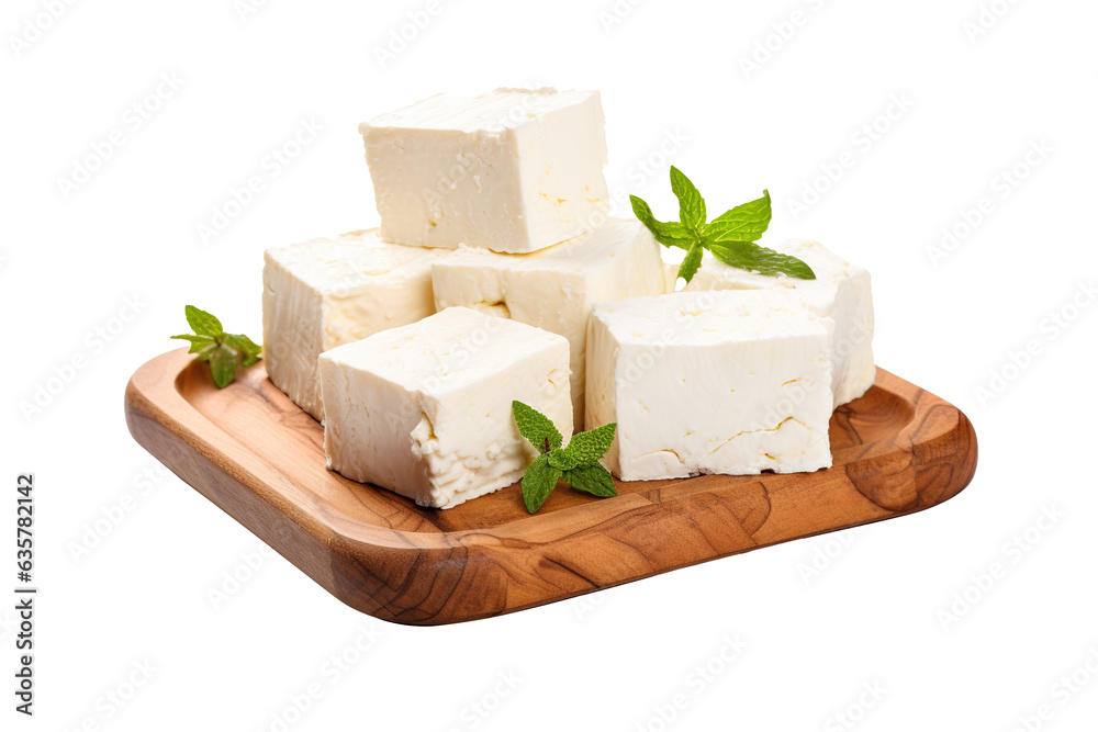 feta cheese on a wooden plate isolated on transparent background, PNG