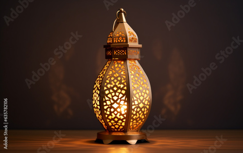 Side view golden lantern with candle lamp with arabic decoration arabesque design