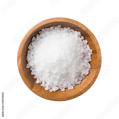 sea salt in a wooden bowl, top view, isolated on transparent background, PNG