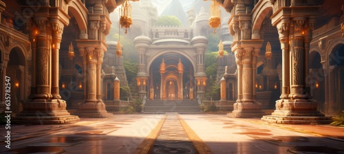 Ancient India grand palace interior background. Generative AI technology.