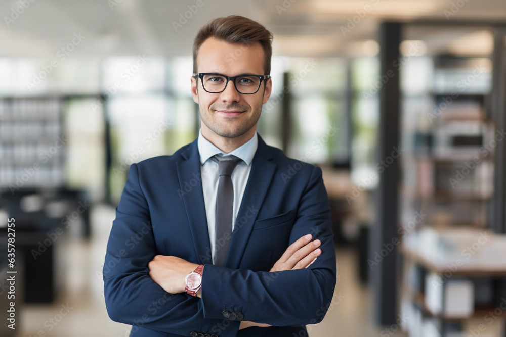 Confident middle aged business man standing in office with hands crossed wearing a blue suit