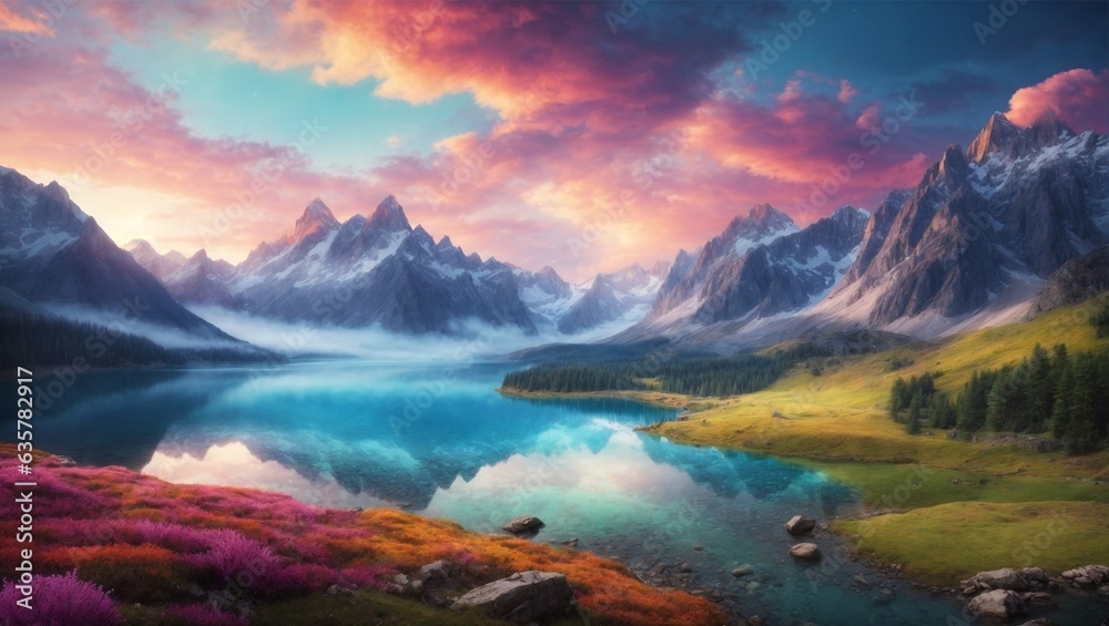 an image of a breathtaking mountain landscape, with towering peaks, serene lakes, and rolling meadows, capturing the grandeur of nature - obrazy, fototapety, plakaty 