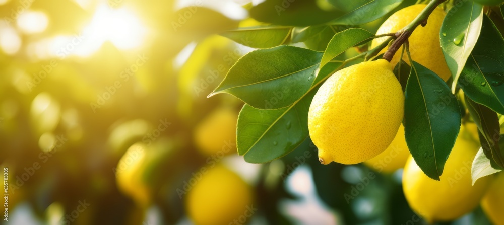 Lemon at tree branch. Generative AI technology. Lemon at tree branch. Generative AI technology.