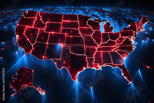 The divisive political landscape illuminated, with red and blue lights shining over a US map, marking party territories photo