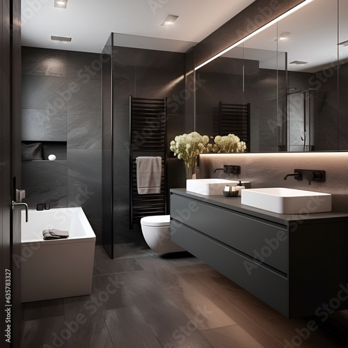 light modern bathroom with dark decor