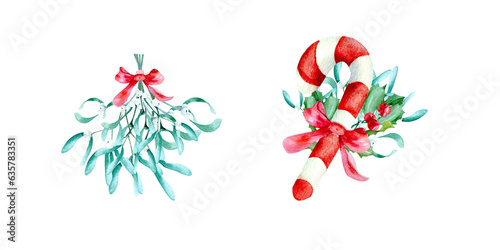 Watercolor christmas collection of candy cane and tradiitonal bouquet. Mistletoe, striped candy cane