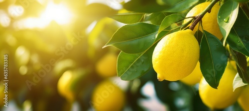 Lemon at tree branch. Generative AI technology.