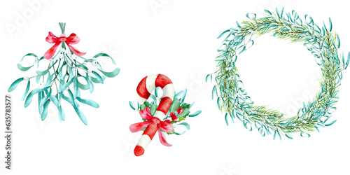 Christmas set. Watercolor tradiitonal hanging bouquet, candy cane composition and winter wreath photo