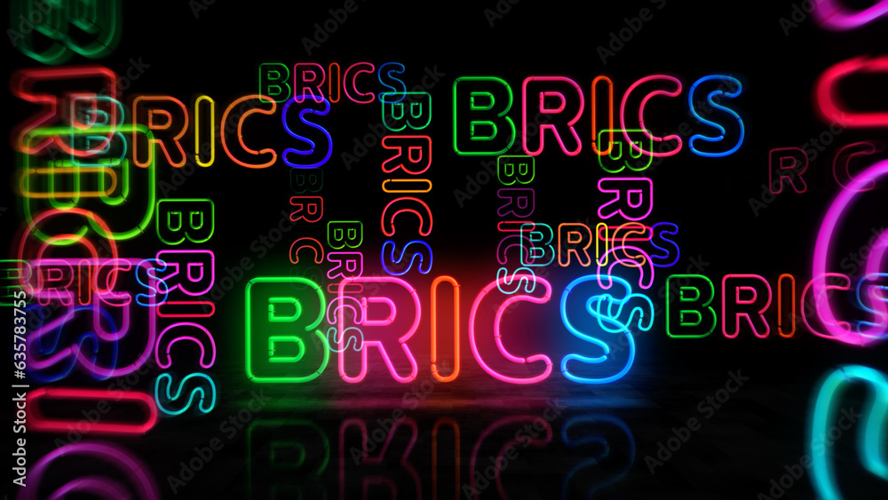 BRICS organization neon light 3d illustration