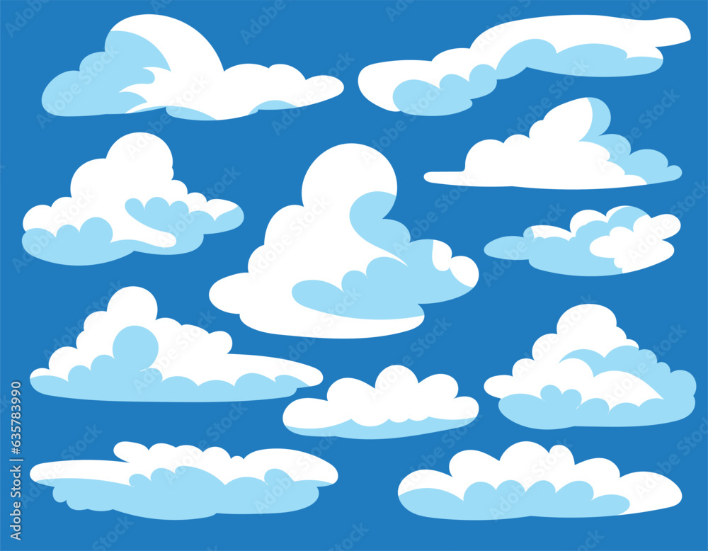 vector illustration of white clouds on a blue background of different shapes, flat style vector illustration of white clouds on a blue background of different shapes, flat style