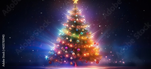 Colorful Christmas tree glows with lights, creating a magical winter atmosphere.