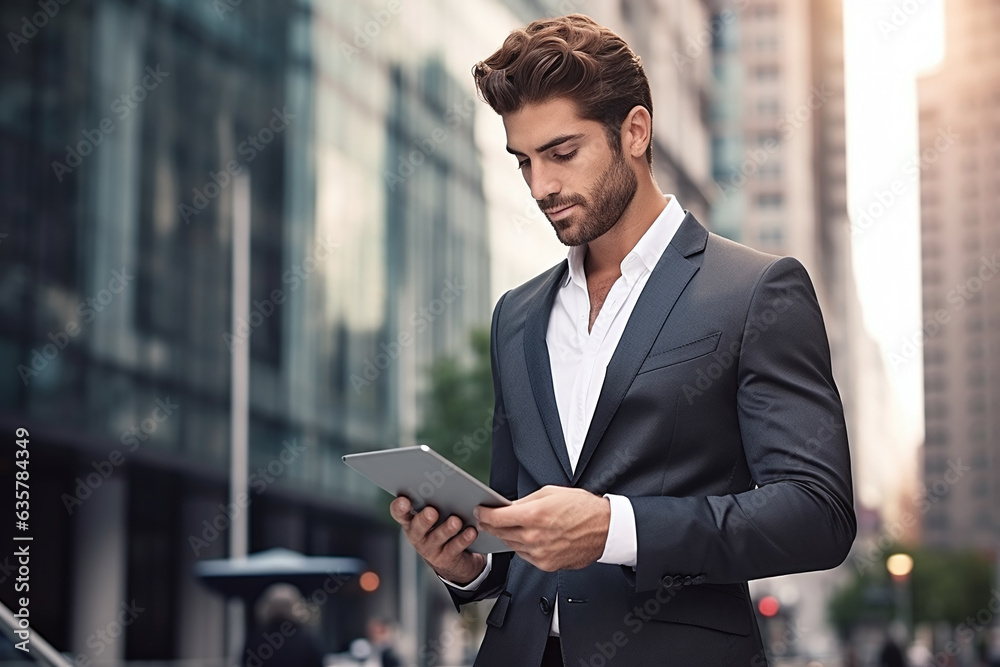 Young businessman standing on big city street outside using digital tablet device Young businessman standing on big city street outside using digital tablet device