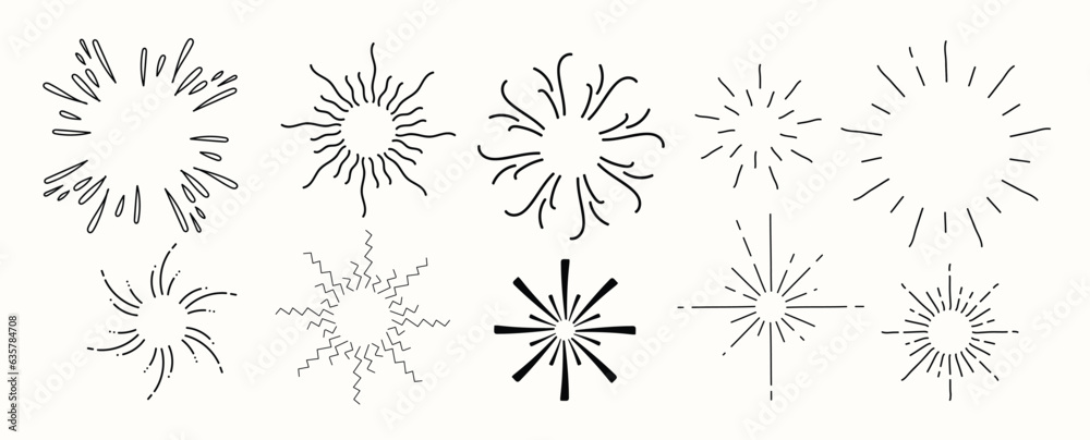 Set of cute starburst doodle element vector. Hand drawn doodle style collection of different starburst, sparkle, firework. Illustration design for print, cartoon, card, decoration, sticker, icon.