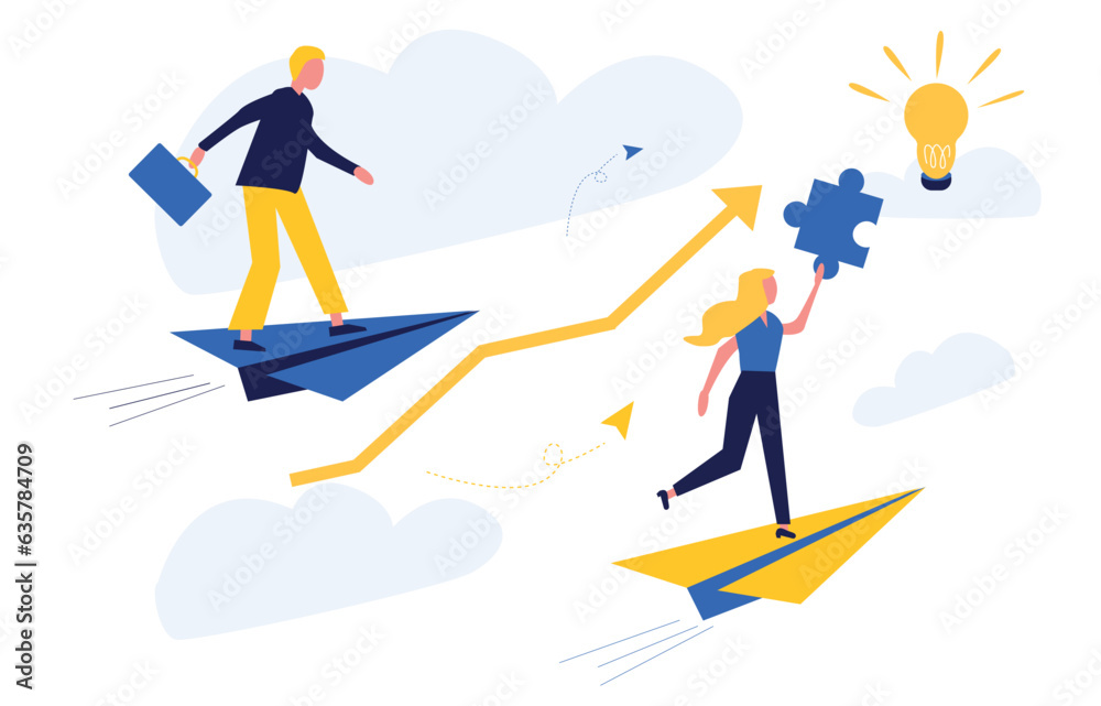 Business concept. Team metaphor. People connect puzzle elements. Flat illustration in flat design style. Teamwork, collaboration, partnership. Businessmen working together and moving towards success.