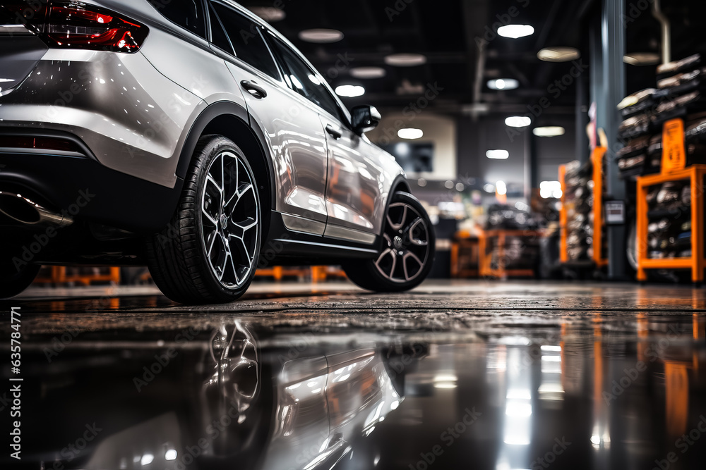 A tire at a repair shop with garage background 