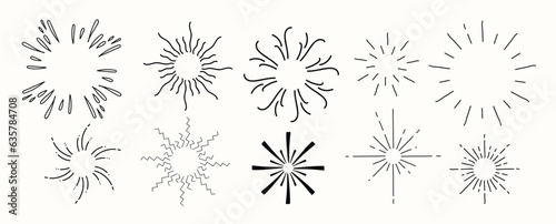 Set of cute starburst doodle element vector. Hand drawn doodle style collection of different starburst  sparkle  firework. Illustration design for print  cartoon  card  decoration  sticker  icon.