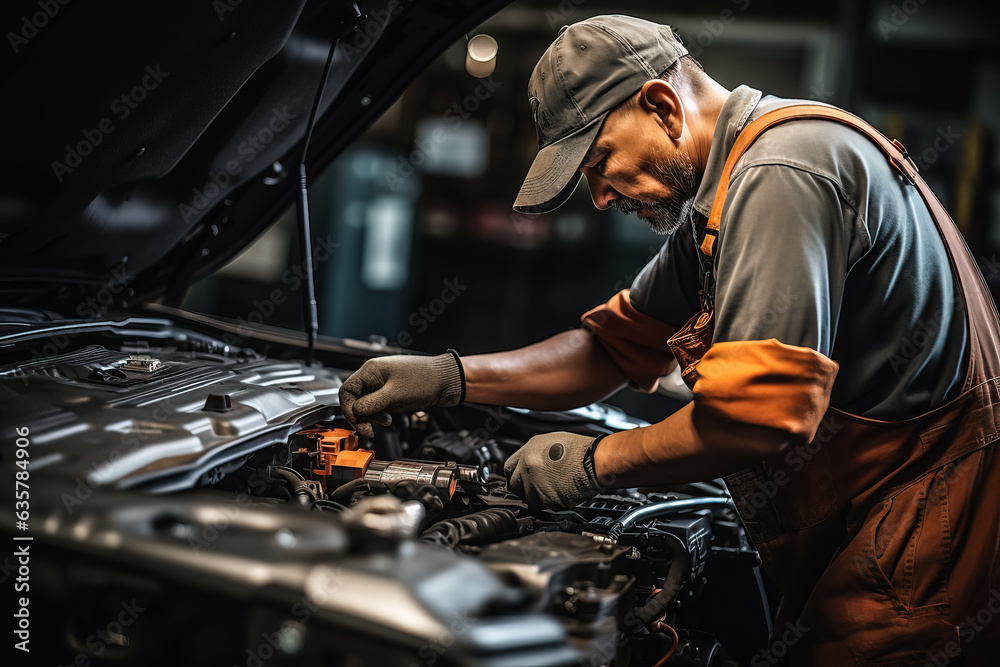 Car mechanic's hands working on electric battery repair and maintenance Car mechanic's hands working on electric battery repair and maintenance