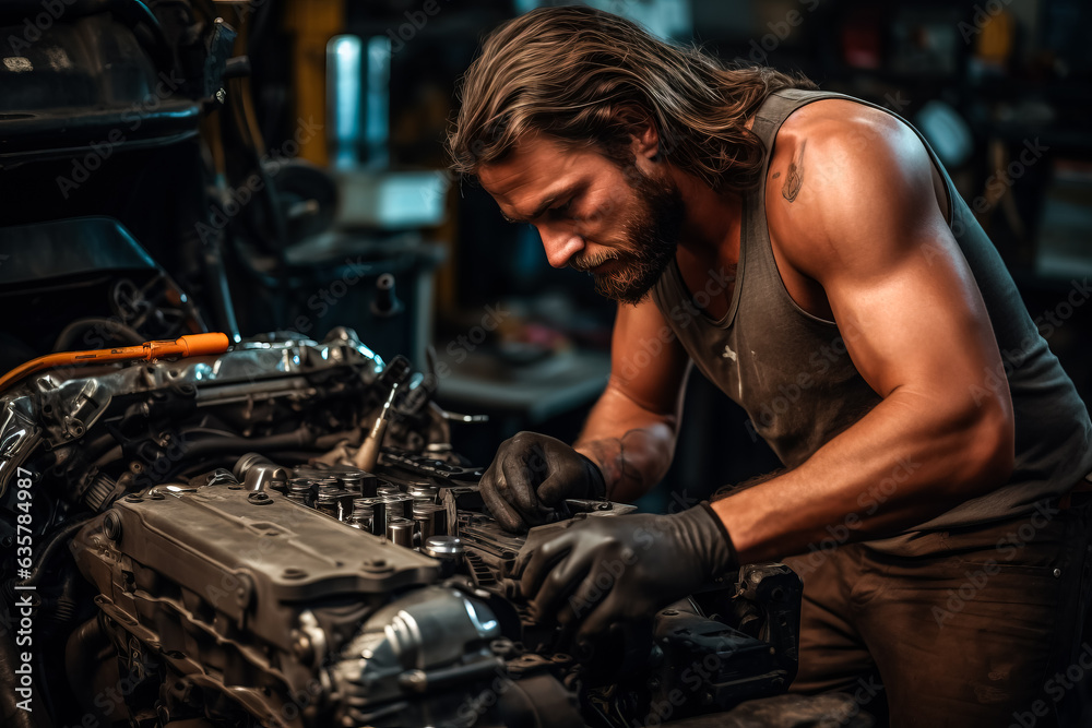 Long-haired mechanic repairing a motor vehicle's engine in a car repair shop Long-haired mechanic repairing a motor vehicle's engine in a car repair shop