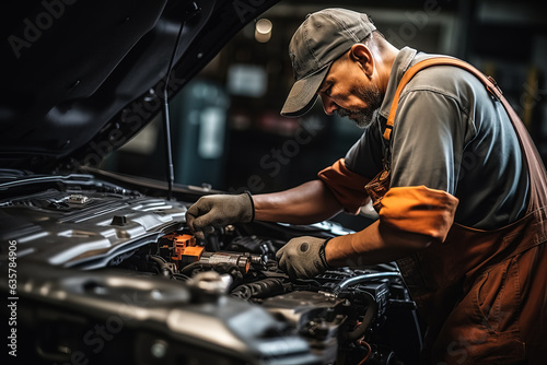 Car mechanic's hands working on electric battery repair and maintenance 