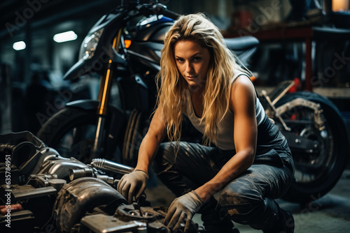 Confident female mechanic fixing a motorcycle in a specialized repair shop 
