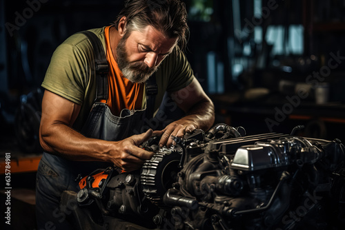Long-haired mechanic repairing a motor vehicle's engine in a car repair shop 