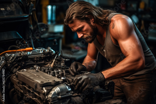 Long-haired mechanic repairing a motor vehicle's engine in a car repair shop 