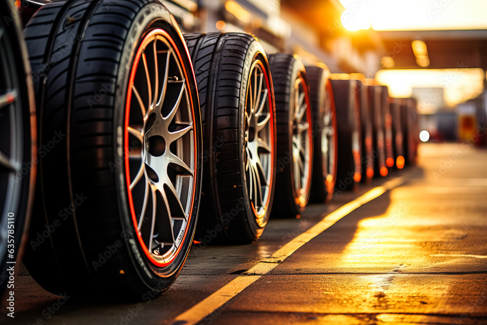Racing tires lined up in a pit stop ready for a highspeed tire change
